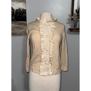 J crew wool cashmere blend ivory ribbon ruffle button top cardigan womens large